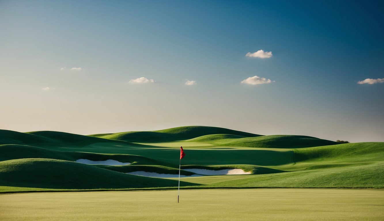 Sebuah lapangan golf yang indah dengan bukit hijau yang bergelombang dan langit biru yang cerah