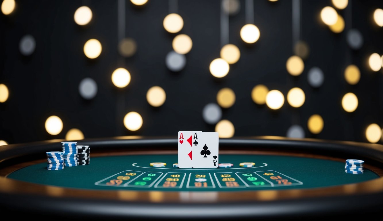 Sebuah meja blackjack online yang ramping dan modern dengan kartu dan chip virtual, ditempatkan di latar belakang gelap dengan suasana yang profesional dan mengundang