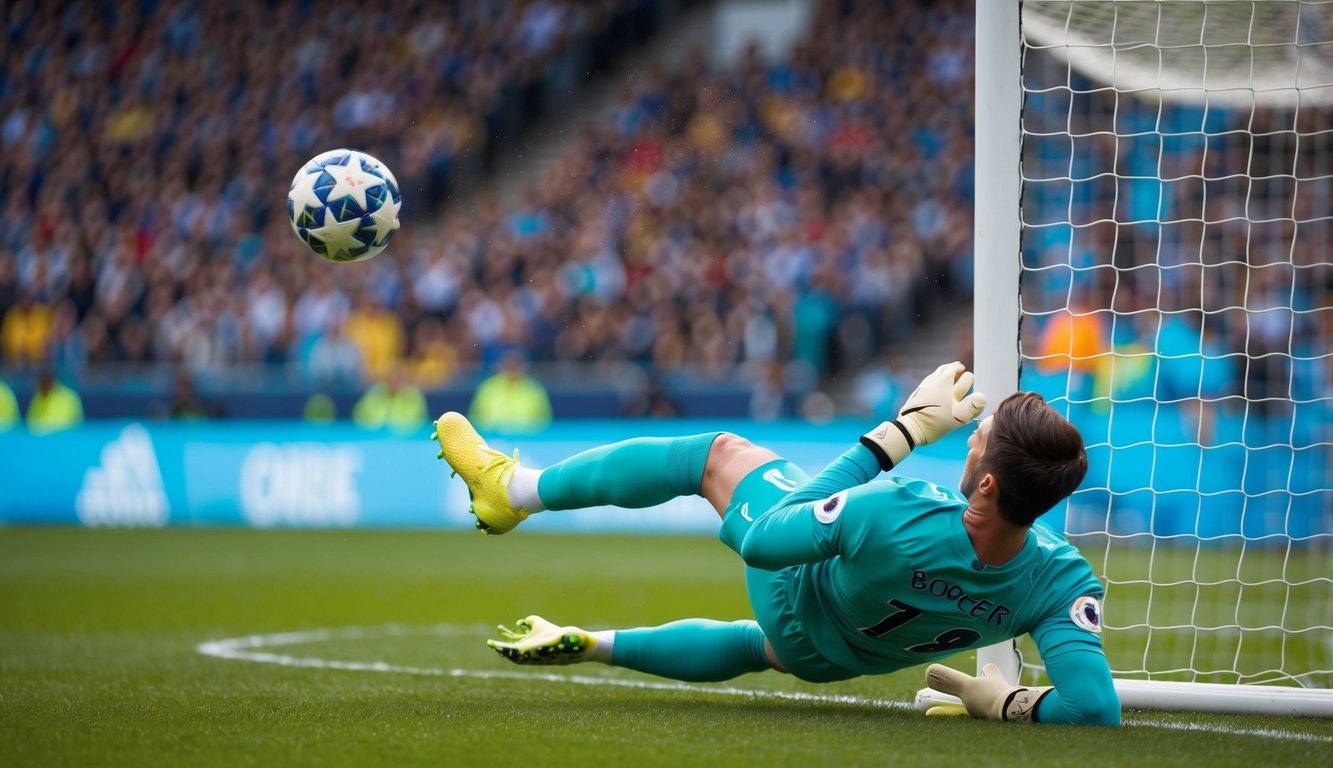 Sebuah bola sepak terbang menuju sudut atas gawang, dengan kiper melompat untuk melakukan penyelamatan