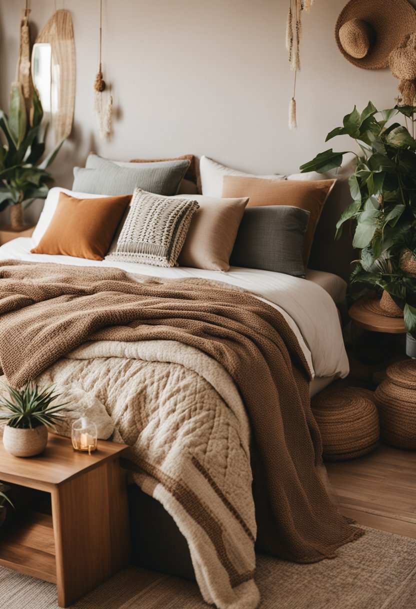 A cozy bohemian bedroom with layered textiles, hanging plants, and warm, earthy tones. A mix of patterns and textures create a relaxed, eclectic vibe