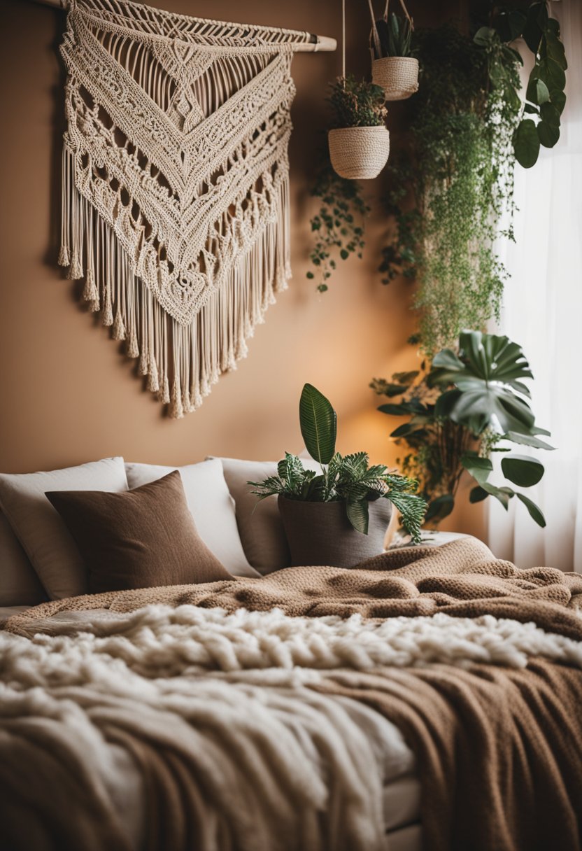 A cozy boho bedroom with a macramé wall hanging as the focal point, surrounded by plants and warm, earthy tones