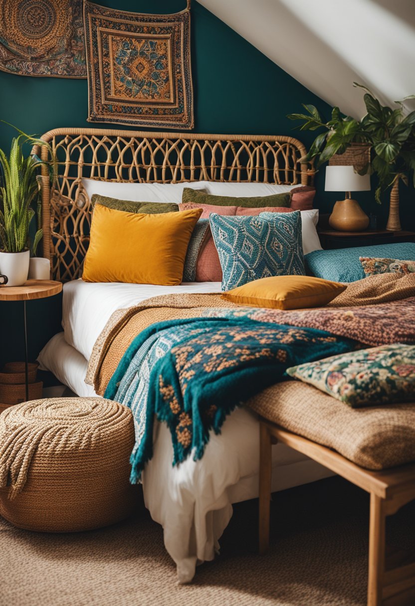 A cozy bohemian bedroom with a rattan headboard, colorful textiles, and eclectic decor