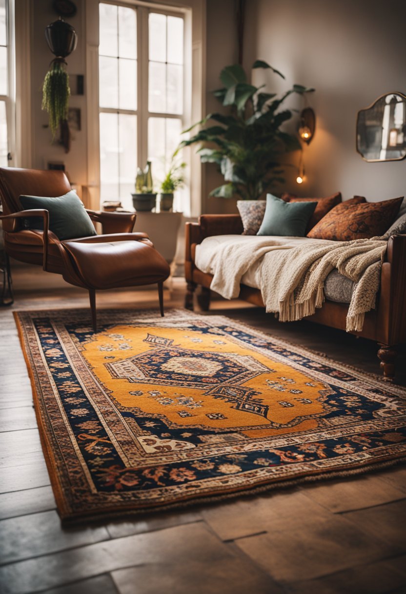 A vintage Persian rug lies in a bohemian bedroom, surrounded by eclectic decor and soft lighting