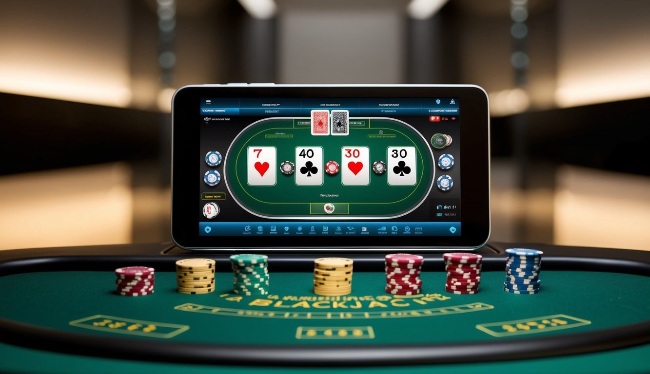 Sebuah meja blackjack virtual dengan kartu dan chip digital, diatur di latar belakang yang ramping dan modern