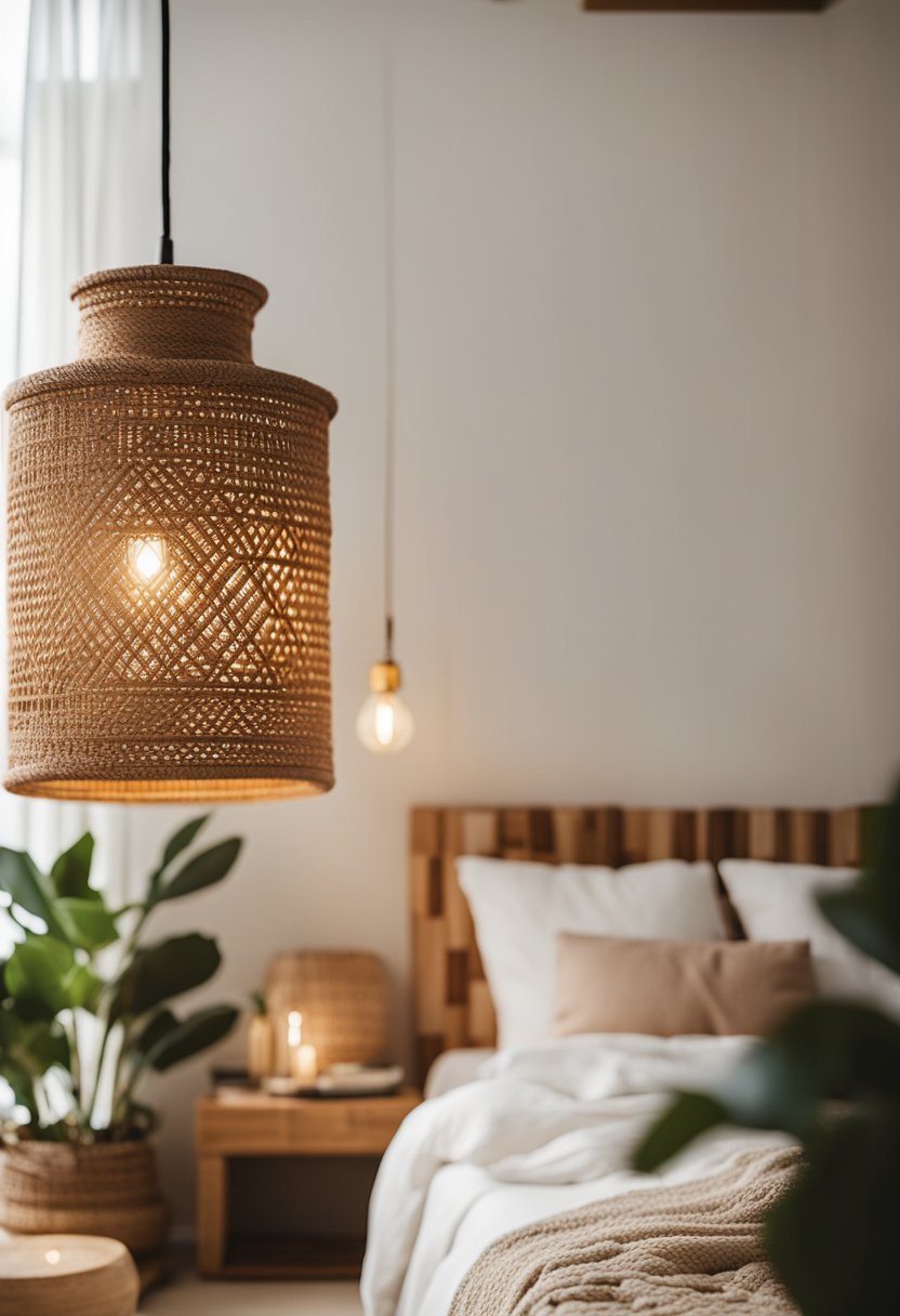 A cozy boho bedroom with a bamboo pendant light hanging from the ceiling, casting warm, soft light over a beautifully decorated space with earthy tones and natural textures