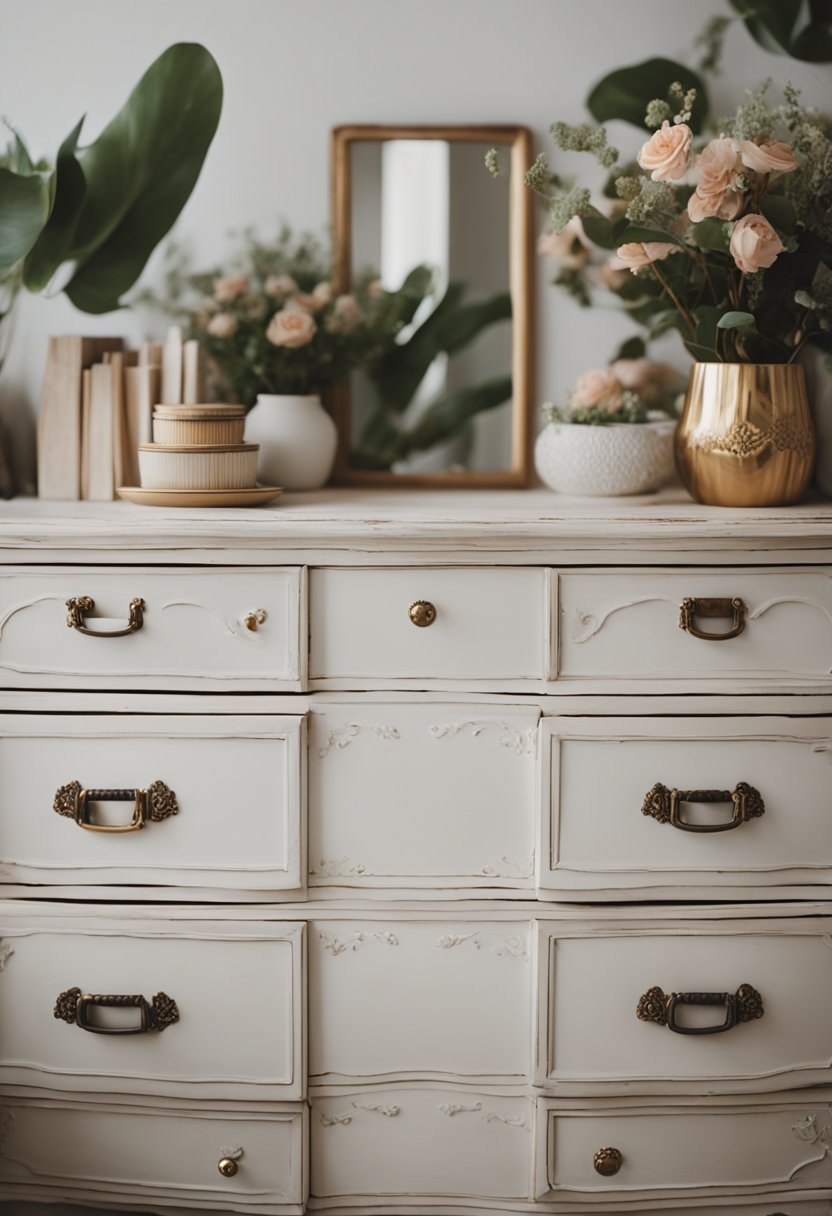 A shabby chic dresser adorned with boho decor in a cozy bedroom