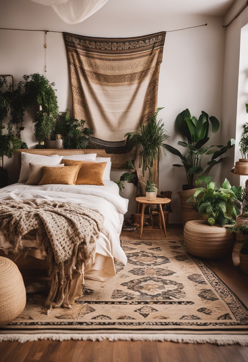 A cozy bohemian bedroom with a tapestry as the focal point, featuring eclectic decor, plants, and warm lighting