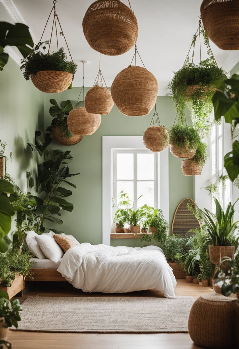 A cozy bedroom with wicker basket planters hanging from the ceiling, filled with lush green plants, creating a bohemian and natural vibe