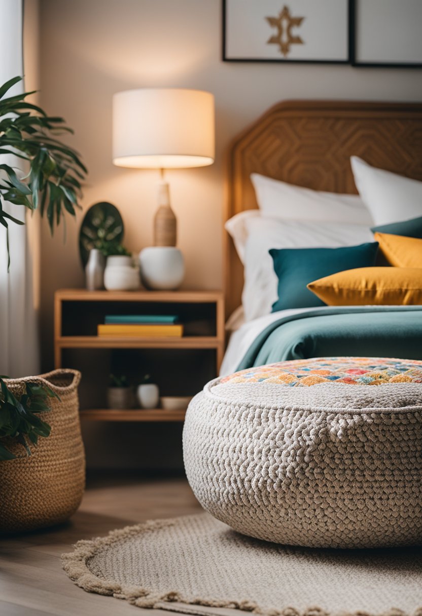 A cozy boho bedroom with a Moroccan pouf ottoman as a colorful and comfy accent piece