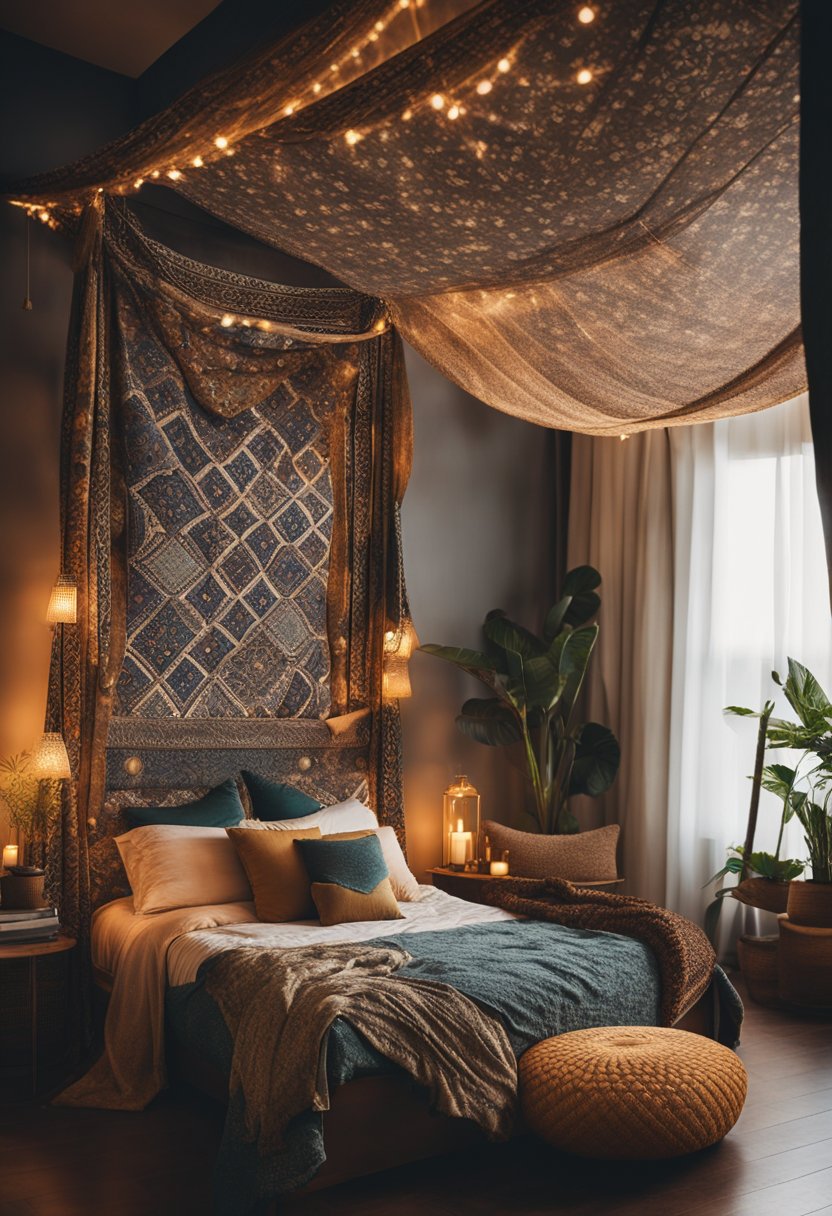 A bohemian-inspired bedroom with a canopy bed draped in flowing, patterned fabric, surrounded by eclectic decor and soft, ambient lighting