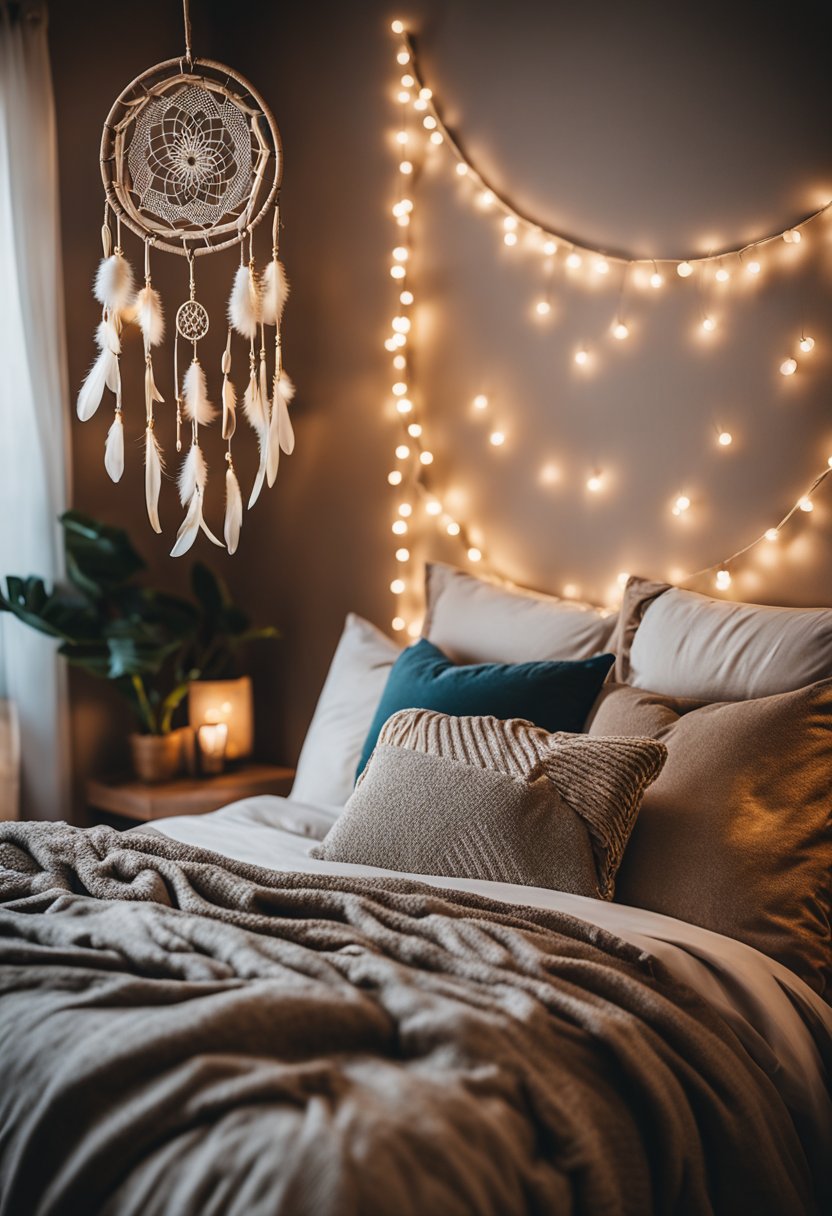 A cozy boho bedroom with a dreamcatcher hanging above the bed, soft blankets, colorful pillows, and warm lighting