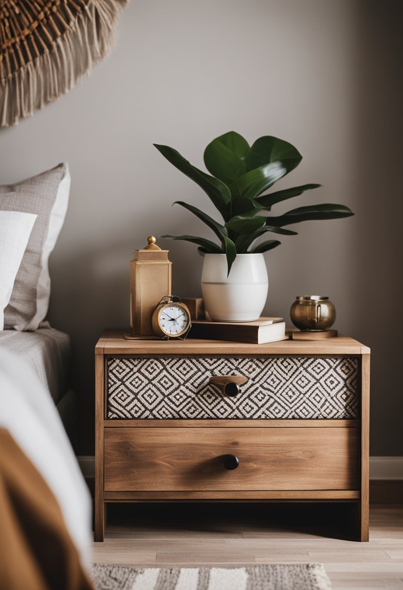 A rustic wood nightstand adorned with boho decor in a cozy bedroom setting