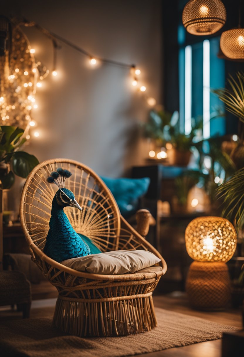 A cozy boho bedroom with a vibrant peacock chair as the focal point, surrounded by eclectic decor and warm, inviting lighting