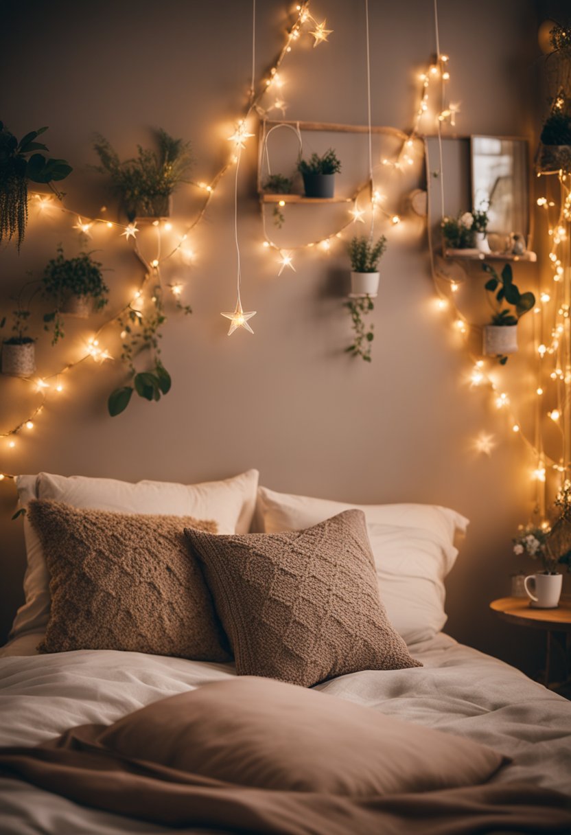 A cozy boho bedroom with floral fairy lights draped around the headboard and hanging from the ceiling, creating a warm and whimsical atmosphere