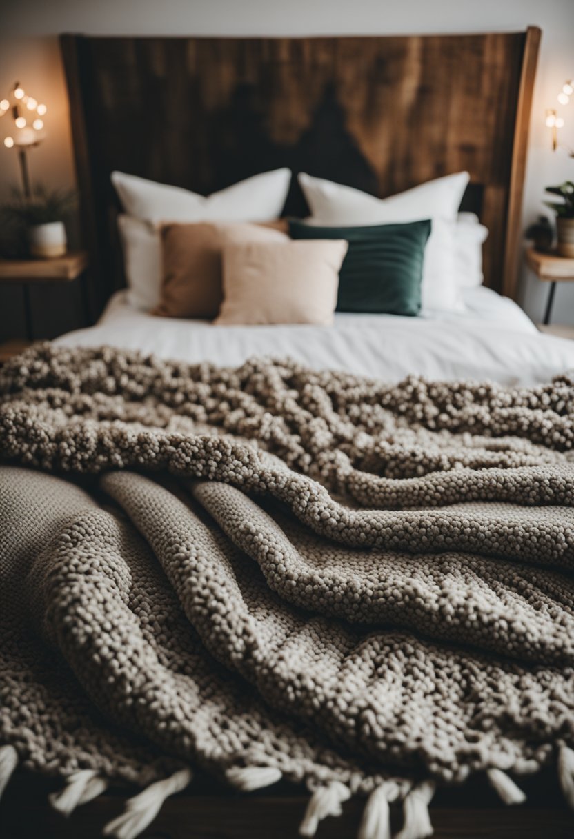 A cozy bed with layered throw blankets in a bohemian bedroom