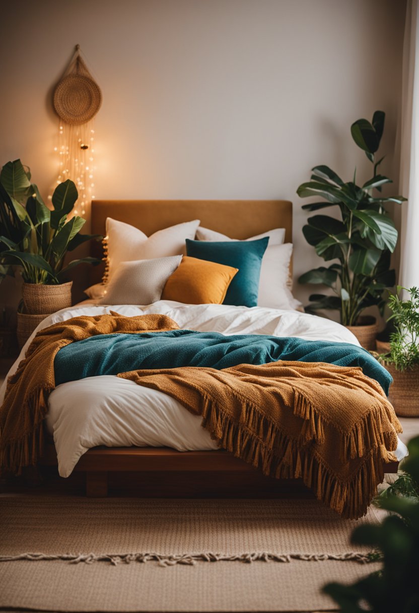 A cozy boho bedroom with colorful fringed cushions scattered on a low platform bed, surrounded by plants and warm ambient lighting