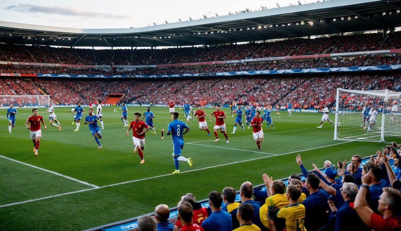 Sebuah stadion yang ramai dengan pertandingan sepak bola yang sedang berlangsung, para pemain berlari dan para penggemar bersorak