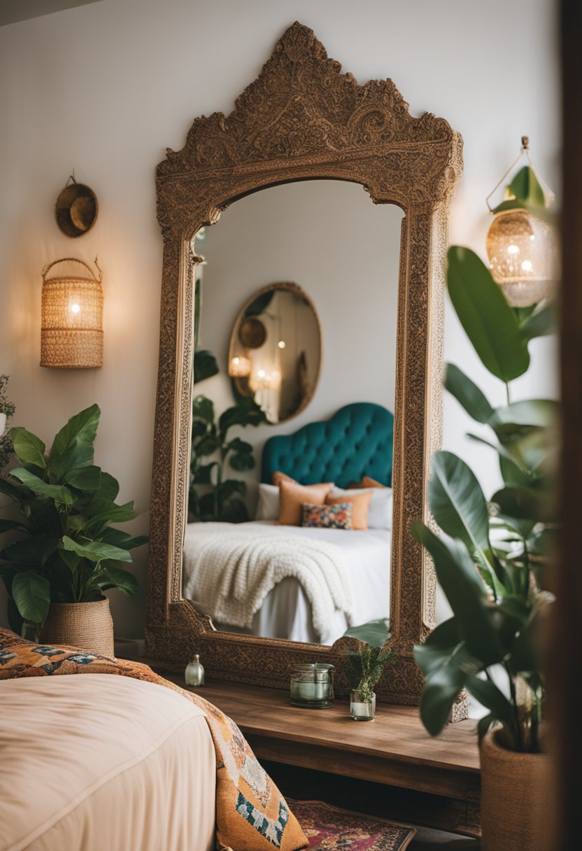 An ornate, antiqued mirror hangs above a bohemian bedroom with colorful textiles, plants, and eclectic decor