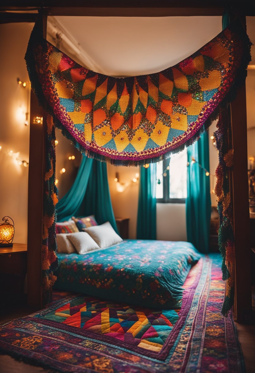 A cozy bohemian bedroom with gypsy beaded curtains hanging in the doorway, casting colorful patterns of light onto the floor