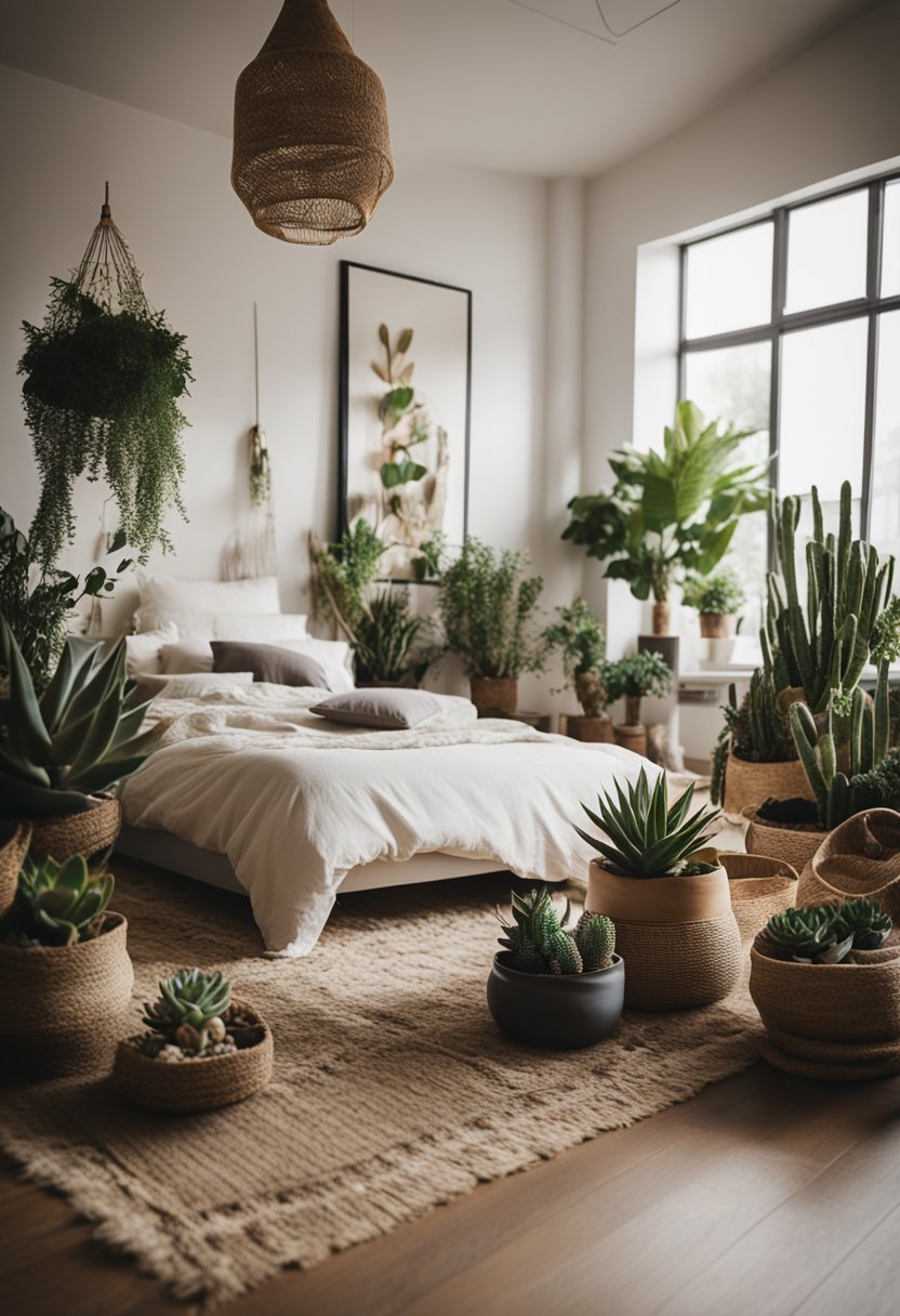 A cozy boho bedroom with a variety of succulent plant arrangements scattered around the room, adding natural and earthy elements to the decor