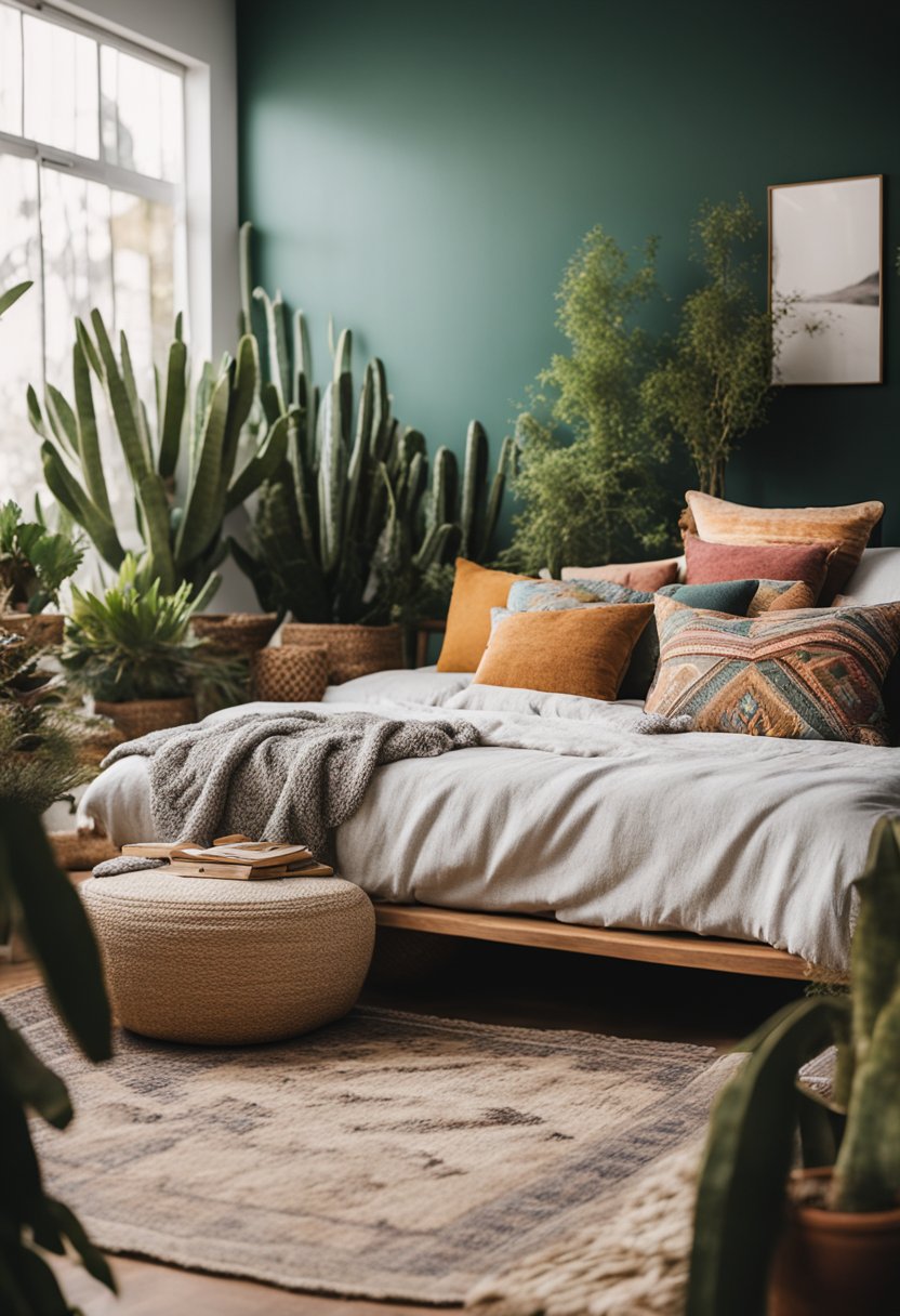 A cozy boho bedroom with colorful cactus silk pillows arranged on a bed or seating area amidst other bohemian decor and plants