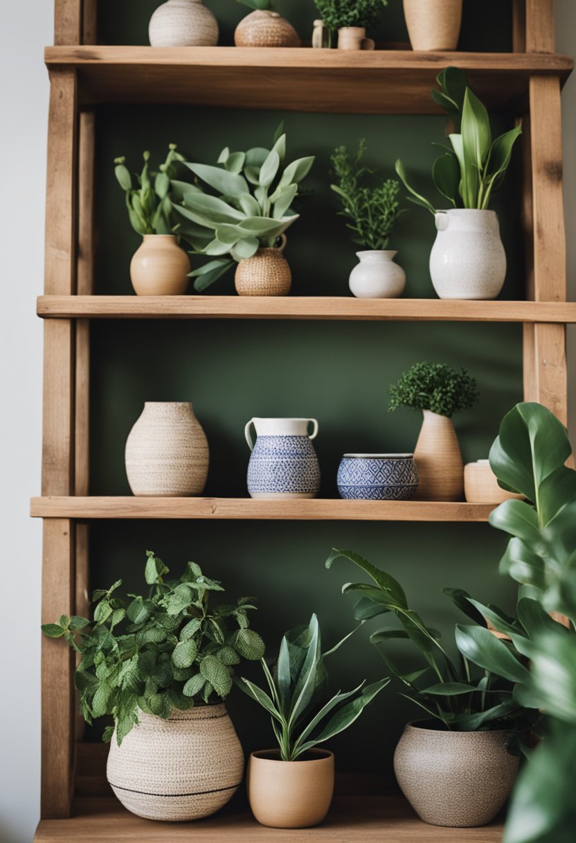 A cozy boho bedroom with a collection of ceramic vases arranged on a rustic wooden shelf, surrounded by eclectic decor and lush green plants