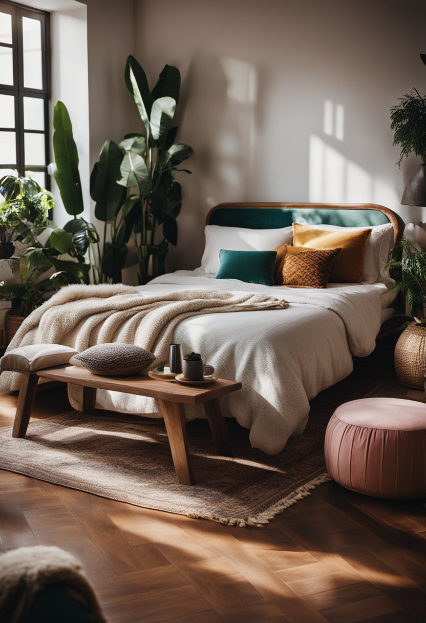 A cozy bohemian bedroom with an array of vibrant velvet floor cushions scattered around a low table, creating a relaxed and inviting atmosphere