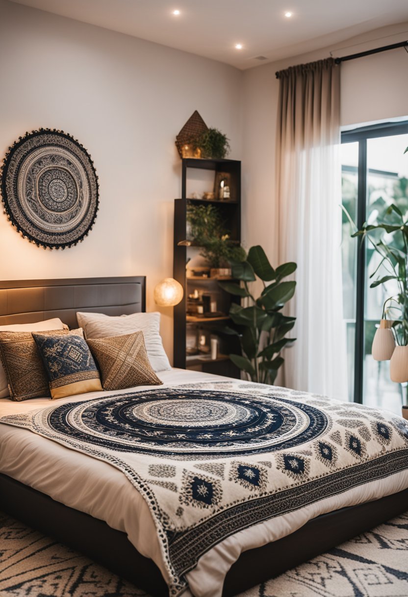 A cozy bedroom with a mandala area rug, surrounded by bohemian decor and soft lighting