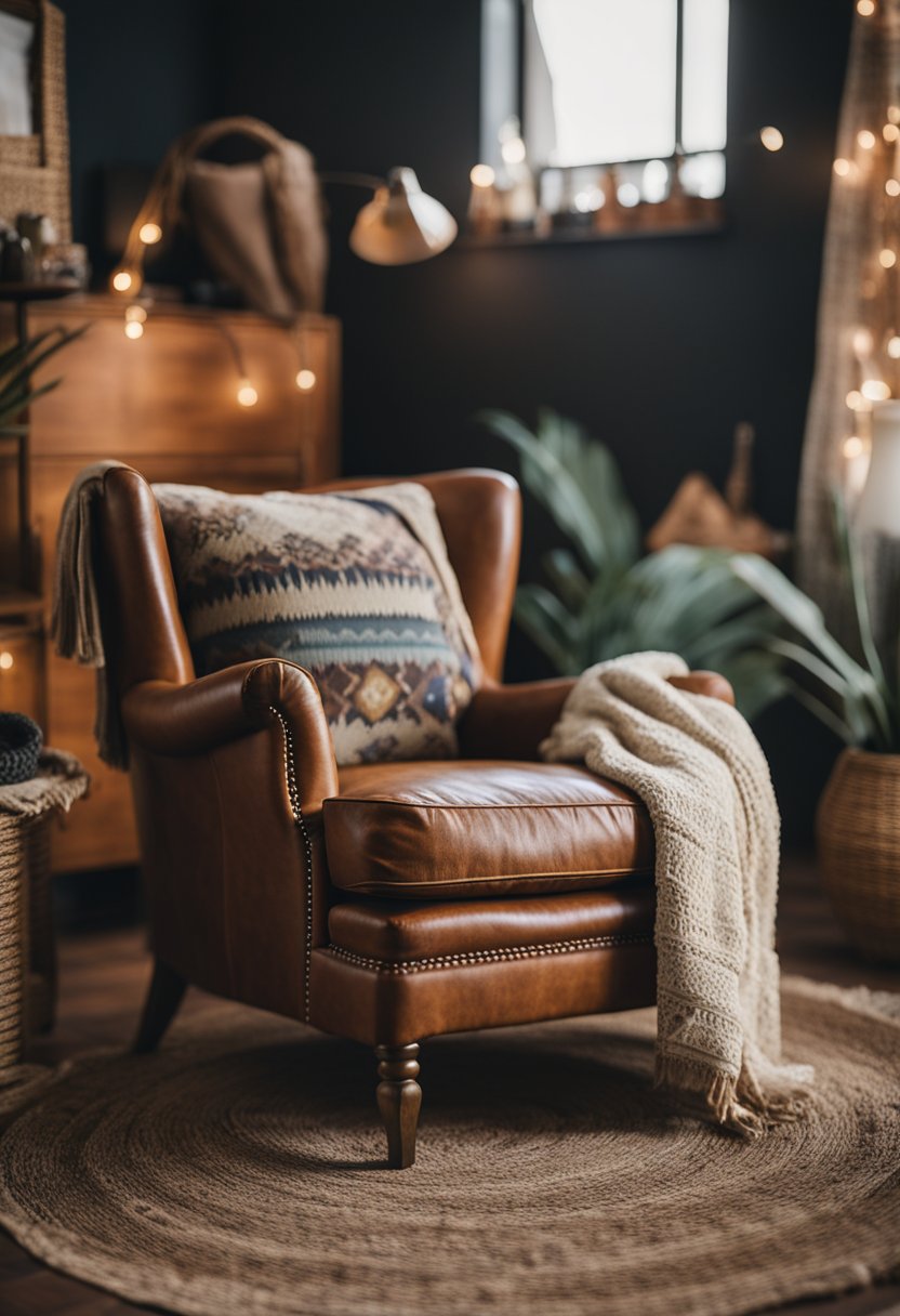 A distressed leather chair sits in a boho bedroom, surrounded by eclectic decor and cozy textiles