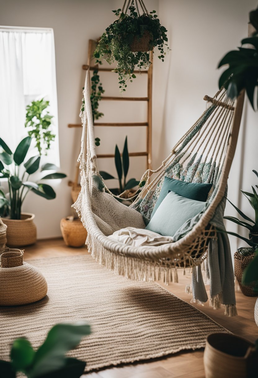 A cozy boho bedroom with a woven hammock chair hanging in the corner, surrounded by colorful textiles and plants