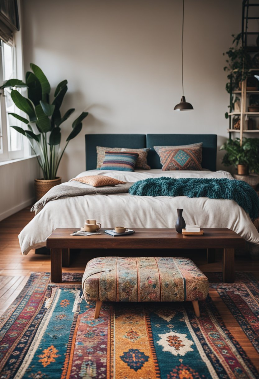 A cozy bedroom with a colorful bohemian rug, a low fair trade coffee table, and scattered floor cushions