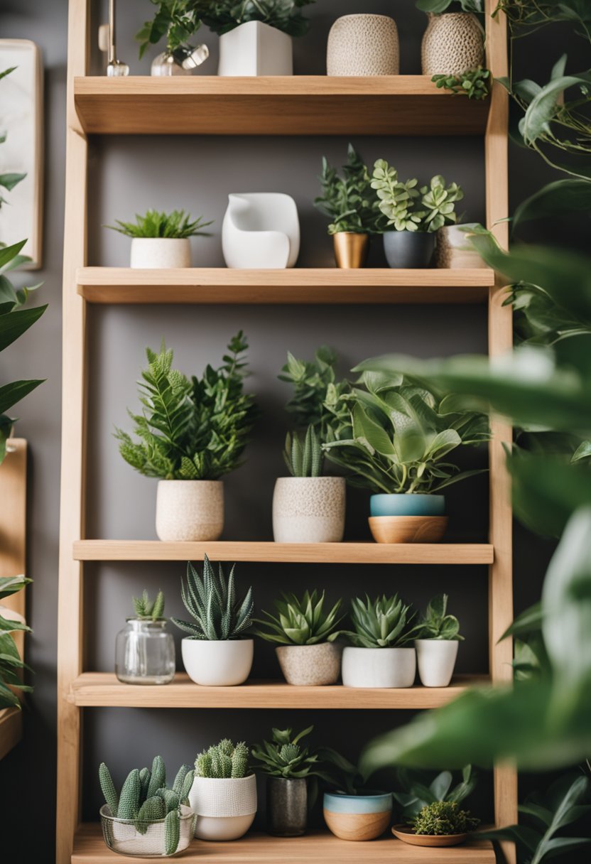 Raw wooden shelves adorned with boho bedroom decor and plants