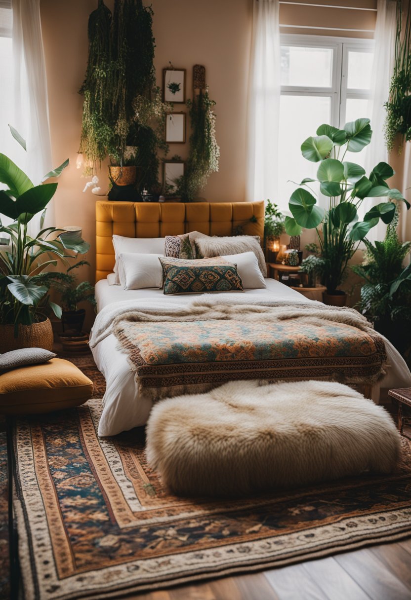 A boho bedroom with colorful incense burners on a patterned rug, surrounded by plants and tapestries