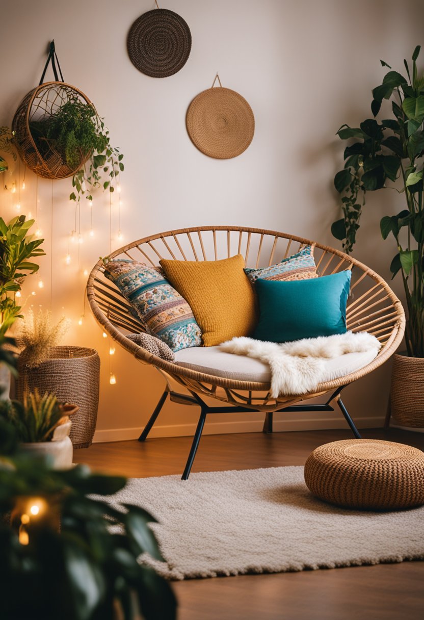 A cozy boho bedroom with a papasan chair surrounded by colorful pillows, plants, and warm lighting