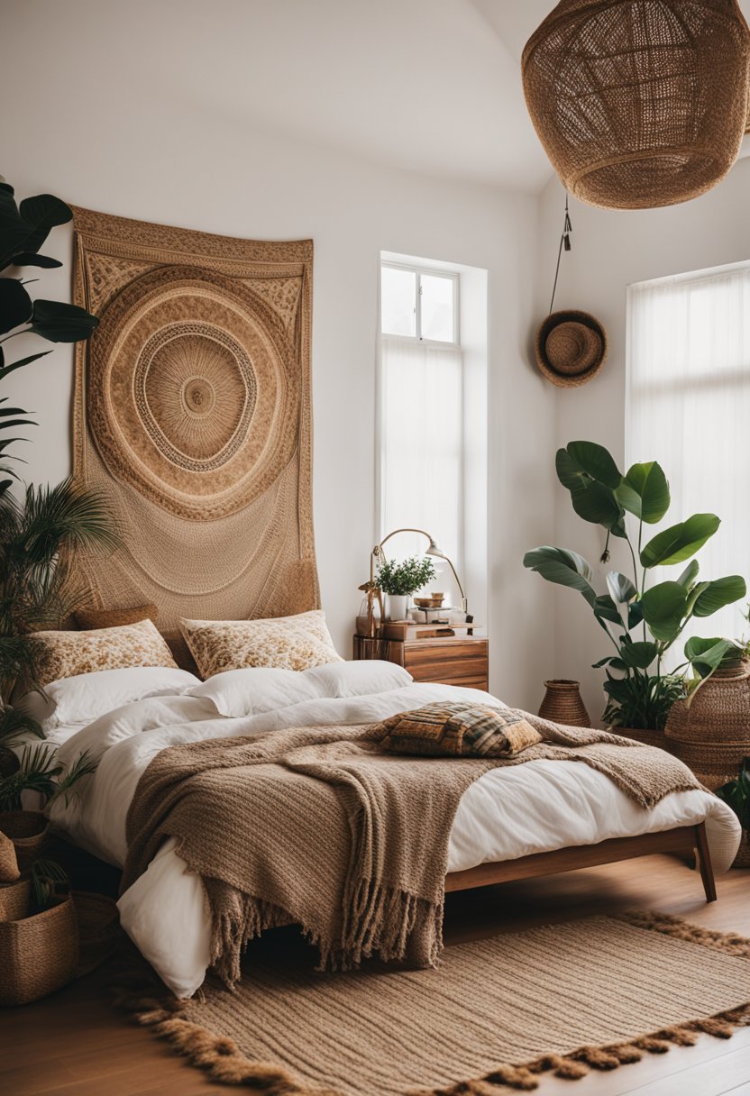 A cozy bohemian bedroom with eclectic wall art, layered textiles, and natural elements like plants and rattan furniture