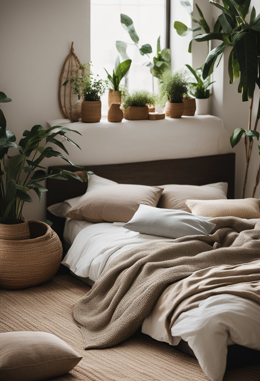 A cozy bedroom with bohemian decor, featuring a linen bedding set in earthy tones, surrounded by plants and natural textures