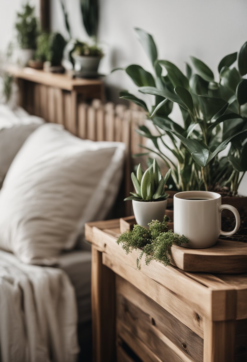 A cozy boho bedroom with a ceramic mug set on a rustic wooden nightstand, surrounded by plants and soft, earthy tones