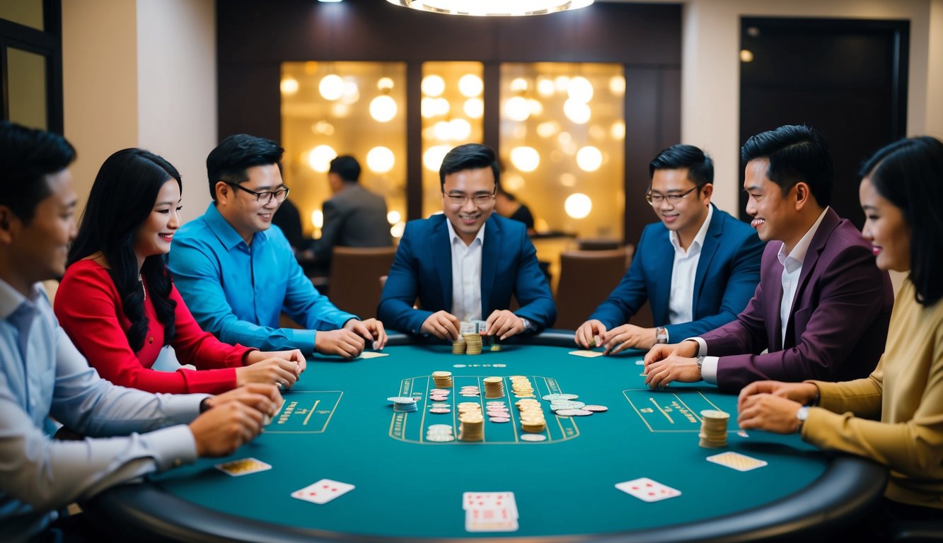 Sekelompok orang duduk di sekitar meja, bermain permainan Bandar Ceme Online dengan kartu dan chip