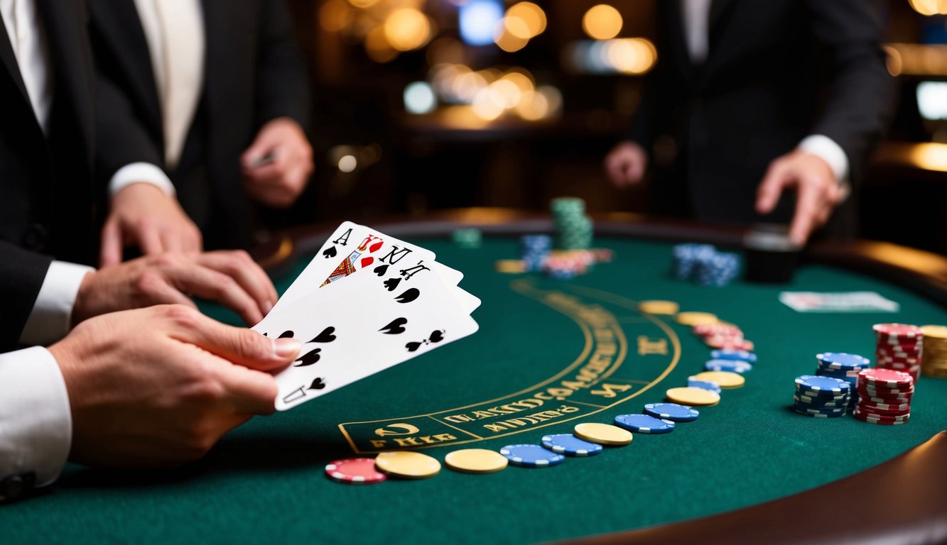 Sebuah meja blackjack virtual dengan kartu, chip, dan tangan dealer yang membagikan