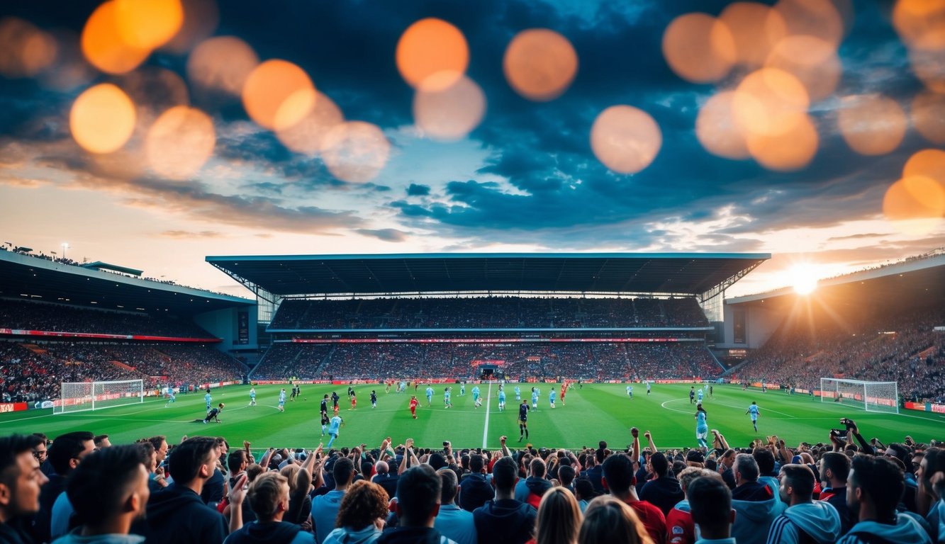 Sebuah stadion sepak bola yang ramai dengan penggemar yang bersorak dan pemain di lapangan