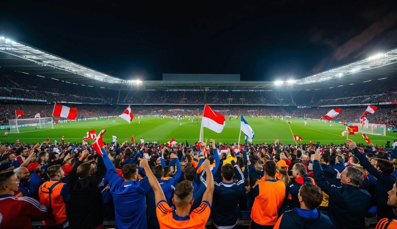 Sebuah stadion sepak bola yang ramai dengan penggemar bersorak dan melambaikan bendera