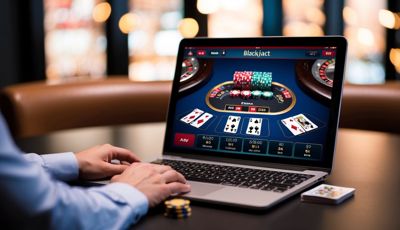 Sebuah permainan blackjack digital dengan kartu dan chip di meja virtual