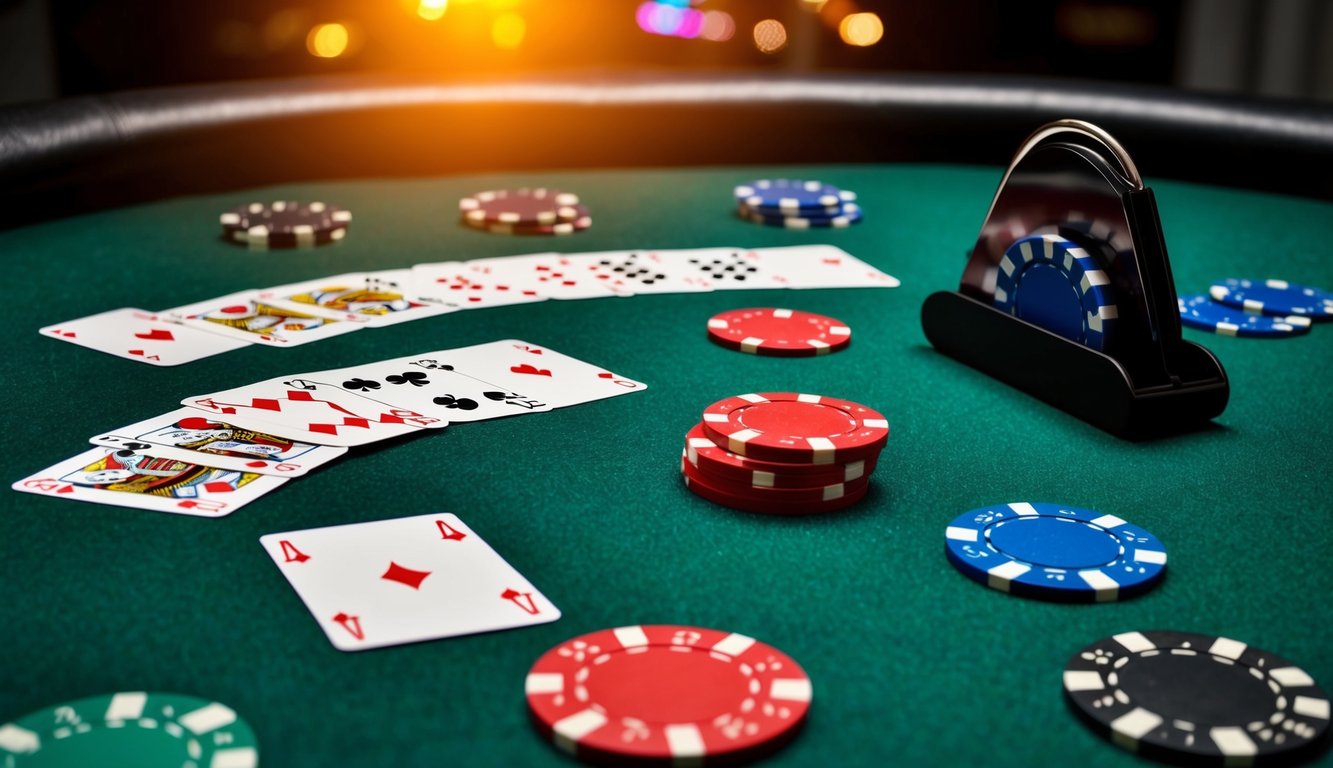 Sekelompok kartu bermain yang berwarna-warni dan cerah tersebar di atas meja poker dari felt hijau, dengan chip poker dan alat pengocok kartu yang ramping di dekatnya.