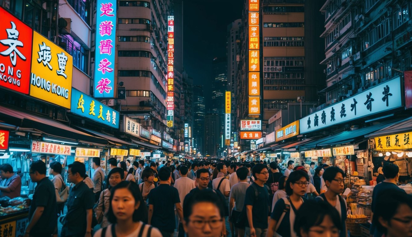 Sebuah jalan Hong Kong yang ramai di malam hari, dengan tanda neon berwarna-warni, stan pasar yang padat, dan campuran arsitektur modern dan tradisional