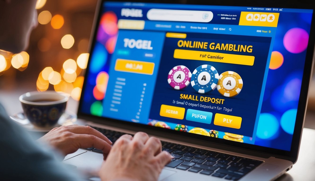 Sebuah layar komputer dengan situs judi online yang berwarna-warni dan cerah, menampilkan opsi setoran kecil untuk Togel