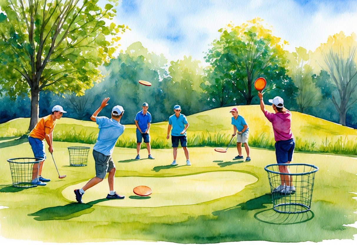 A group plays frisbee golf in a sunny park, aiming discs at metal baskets among trees and grassy hills