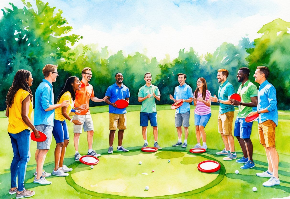 A group of diverse individuals gather around a lush green frisbee golf course, laughing and enjoying a casual game together