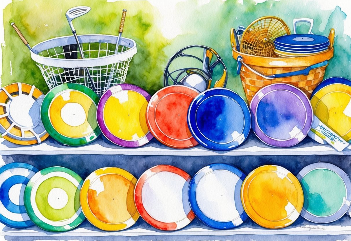 A colorful array of frisbees and discs are displayed on shelves, with golf baskets and accessories in the background