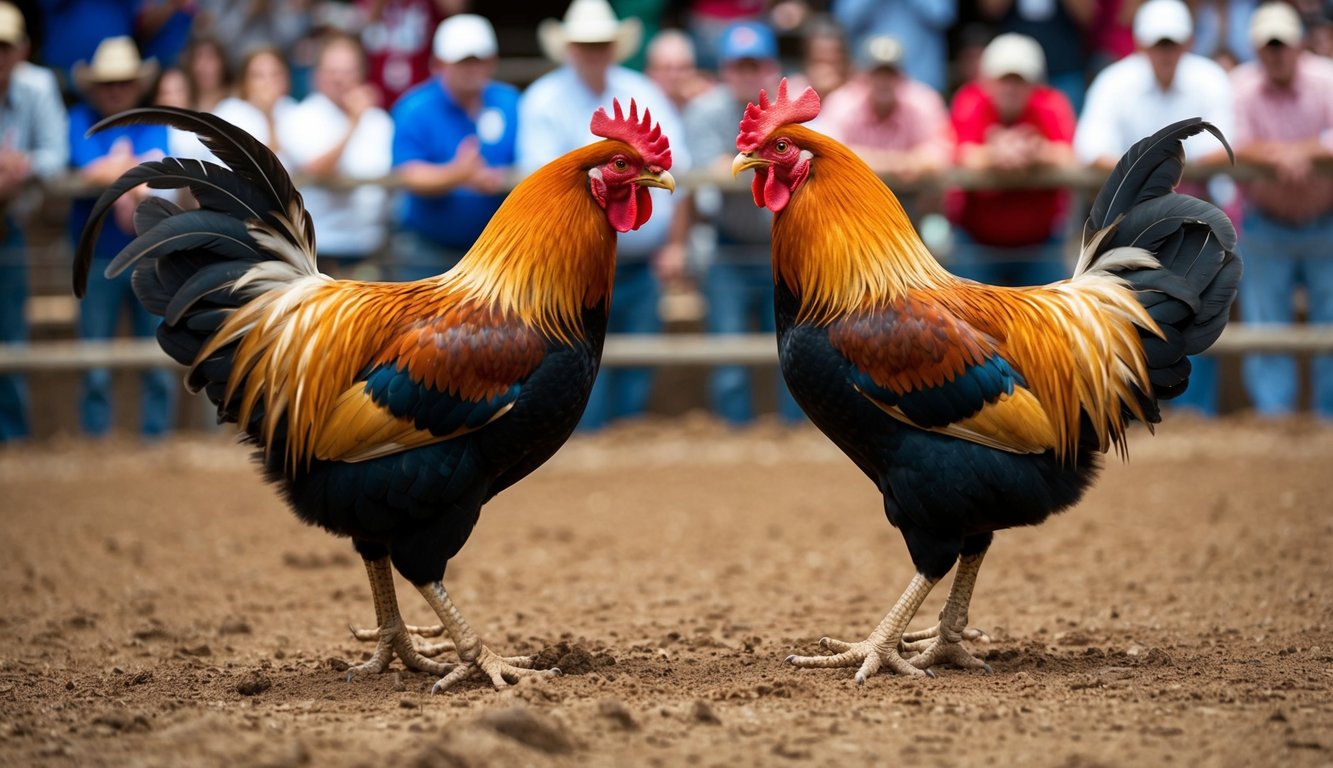 Dua ayam jantan berhadapan di dalam lubang tanah yang dikelilingi oleh penonton yang bersorak.