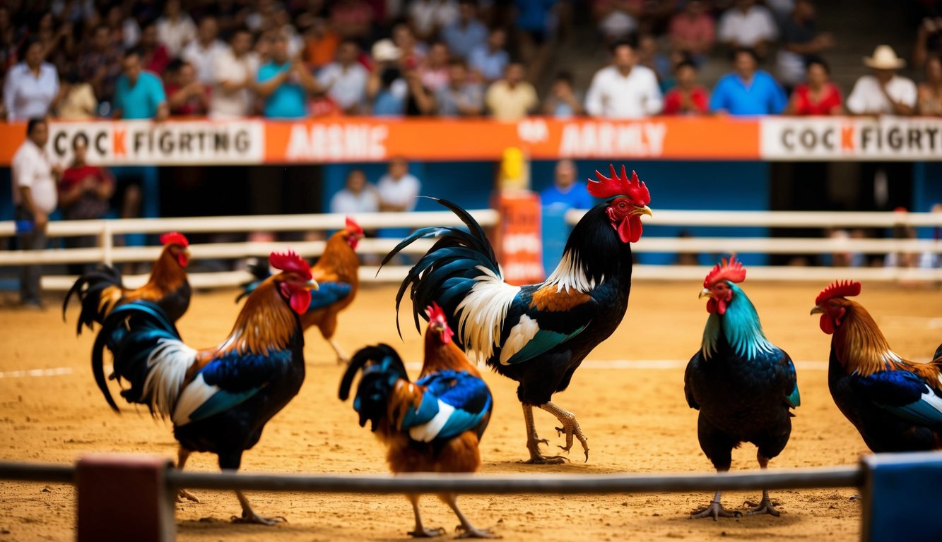 Sebuah arena sabung ayam yang ramai dengan penonton yang bersorak dan ayam jantan berwarna-warni di ring